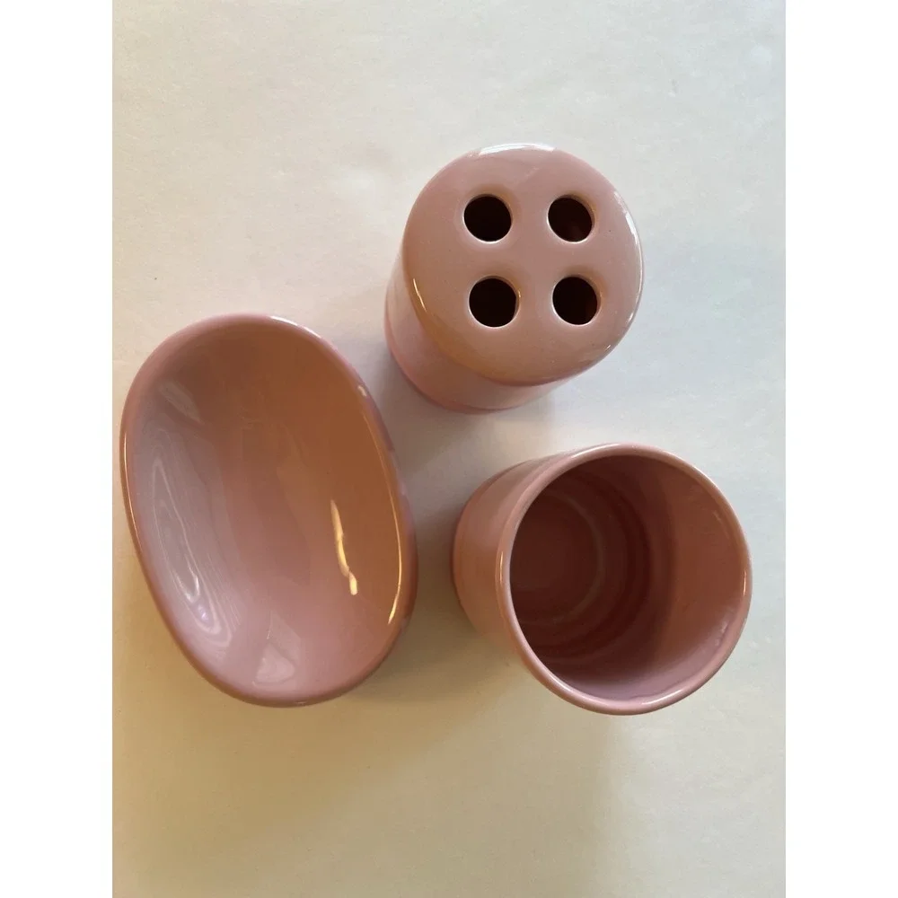 EXCELL 1986 VTG Ceramic Bathroom Set SoapDish ToothbrushHolder Tumbler Cup MCM